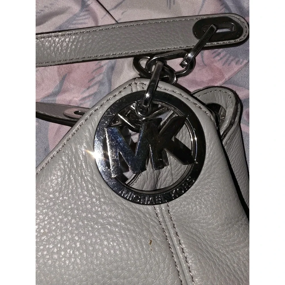 Michael Kors Fulton Hobo Shoulder Bag Gray Pebbled Leather Silver MK Logo Charm